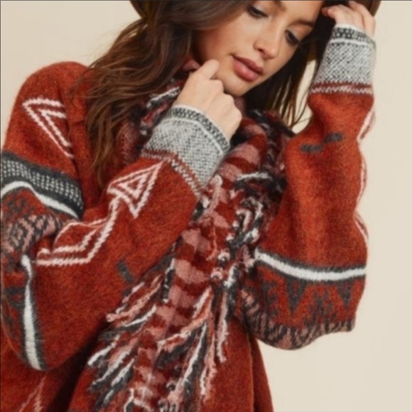 Rust Tribal Print Fringe Cardigan Sweater Fall Winter - Picture 5 of 8